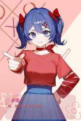1girl 2d_mita_(miside) bad_source blue_eyes blue_hair blue_skirt bow bow_choker breasts chinese_text choker collar dialogue_box facing_viewer flower hair_between_eyes hair_bow hair_ornament hairclip hand_on_own_hip highres long_bangs looking_at_viewer low_twintails miside mita_(miside) official_art open_mouth pleated_skirt red_choker red_shirt shadow shirt shirt_tucked_in skirt smile solo standing star_(symbol) striped_clothes striped_shirt twintails