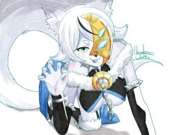 1girl absurdres animal_ears artist_name black_bodysuit black_hair bodysuit breasts chain cleavage clothing_cutout collar colored_skin crescent crescent_moon dated duel_monster grey_eyes grey_hair grey_skin half_mask highres large_breasts long_hair lunalight_silver_hound mask moon multicolored_hair nanaeljustice one_eye_covered smile solo spiked_collar spikes tail tongue tongue_out two-tone_hair yu-gi-oh! yu-gi-oh!_arc-v