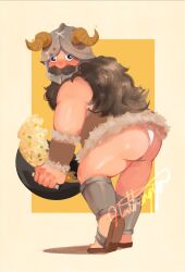 1boy ass bara beard blush dungeon_meshi dwarf facial_hair fake_horns fat fat_man flipping_food food full_body helmet highres horned_helmet horns long_beard looking_at_viewer looking_to_the_side male_focus mustache nathengyn senshi_(dungeon_meshi) solo sparkling_eyes thick_mustache thighs tiptoes two-tone_background very_long_beard