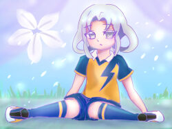1girl akasode_matsuri_(inazuma_eleven) blue_shirt blue_shorts blue_socks collar flat_chest grey_eyes grey_hair hakkou_soft inazuma_eleven_(series) inazuma_eleven_victory_road large_variant_set medium_hair parted_lips raimon raimon_soccer_uniform shirt short_sleeves shorts sidelocks sitting soccer_uniform socks solo sportswear two-tone_shirt variant_set white_collar yellow_shirt