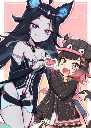 Rule 34 | 2girls, absurdres, ahoge, alin laphel, animal ears, bare shoulders, black hair, black jacket, blush, bow, breasts, bright pupils, brown hair, chain, cleavage, closed mouth, colored skin, commentary, detached sleeves, english commentary, eyelashes, fake wings, fang, fraiki (vtuber), fufu (vtuber), gradient hair, grey skin, hair ornament, hat, hat bow, heart, heart hands, height difference, highres, horned hat, indie virtual youtuber, jacket, leotard, long hair, long sleeves, multicolored hair, multiple girls, nail polish, open clothes, open jacket, open mouth, outline, pink bow, pink hair, plaid hat, purple eyes, red nails, second-party source, short shorts, shorts, skin fang, skirt, smile, star-shaped pupils, star (symbol), star hair ornament, symbol-shaped pupils, virtual youtuber, white outline, white pupils, wings, yellow eyes