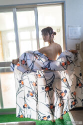 1girl back black_hair flat_chest from_behind indoors japanese_(nationality) japanese_clothes kimono looking_at_viewer looking_back monami_suzu photo_(medium) real_life removing_kimono short_hair standing undressing