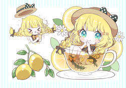 Rule 34 | &gt; &lt;, 1girl, aobahosino, black bow, black shirt, black shoes, blonde hair, blue eyes, blunt bangs, blush stickers, bow, brown hat, chibi, chibi only, closed eyes, closed mouth, commentary, cup, dot nose, drinking glass, drinking straw, food, food print, footwear bow, fruit, fruit print, full body, hat, hat bow, highres, holding, holding cup, in container, in cup, leaf, lemon, lemon print, lemonade, long hair, looking at viewer, orange bow, original, own hands together, pleated skirt, polka dot, polka dot bow, print skirt, saucer, shirt, shoes, sitting, skirt, smile, socks, symbol-only commentary, thick eyebrows, white socks, x mouth, yellow skirt