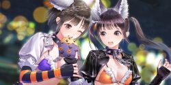 Rule 34 | 2girls, animal ear fluff, animal ears, animal print, azumi nanaka, bat print, bikini, black gloves, black hair, black jacket, blue reflection (series), blue reflection sun, braid, breasts, brown eyes, chain, chain leash, chocolate chip cookie, cleavage, collar, cookie, dog ears, droopy ears, eating, elbow gloves, food, fur-trimmed bikini, fur-trimmed gloves, fur trim, game cg, gloves, halloween, halloween costume, highres, hirahara hiori, holding, holding cookie, holding food, imminent bite, jack-o&#039;-lantern print, jacket, kemonomimi mode, kishida mel, leash, leather, leather jacket, lens flare, long hair, looking at another, medium breasts, multiple girls, night, night sky, non-web source, official art, one eye closed, open clothes, open jacket, open mouth, orange bikini, orange gloves, outdoors, partially fingerless gloves, purple bikini, purple hair, short hair, sidelocks, single braid, sky, smile, spiked collar, spikes, striped clothes, striped gloves, swimsuit, teeth, twintails, two-tone gloves, underboob, upper body, upper teeth only, white jacket, wolf ears