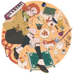 1boy alpha_transparency black_shoes black_socks book bow bowtie brown_hair brown_jacket brown_vest candy castanets classicaloid commentary flower flute food forehead franz_schubert_(classicaloid) glasses gloves green_bow green_bowtie ink_stamp inkwell instrument jacket keyboard_(instrument) legwear_garter lollipop long_sleeves looking_at_viewer lying male_focus matchbox on_side paper pillow plant pocket_watch potted_plant quill recorder sf_jd shirt shoes short_hair socks solo stuffed_unicorn swirl_lollipop teapot triangle_(instrument) tulip vest watch white_gloves white_shirt wrapped_candy yellow_flower yellow_tulip