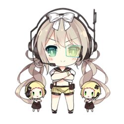 3girls bare_legs black_shoes blonde_hair blush blush_stickers bow brown_dress brown_sailor_collar c: chibi closed_mouth command_fairy_(girls&#039;_frontline) cross_hair_ornament crossed_arms dress earpiece fairy_(girls&#039;_frontline) full_body girls&#039;_frontline green_eyes hair_bow hair_ornament hairclip headphones headset light_brown_hair long_hair looking_at_viewer midriff multiple_girls navel official_art sailor_collar saru scouter shirt shoes short_hair short_sleeves shorts simple_background smile standing straight-on suspender_shorts suspenders third-party_source transparent_background twintails v-shaped_eyebrows v-shaped_eyes very_long_hair white_bow white_shirt yellow_shorts |_|
