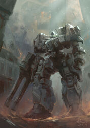Rule 34 | arms at sides, artist name, building, chinese commentary, clenched hand, commentary, dated, full body, gatling gun, gundam, gundam wing, gundam wing: endless waltz, highres, holding, holding weapon, light particles, light rays, mecha, mecha focus, missile pod, mobile suit, no humans, radio antenna, robot, ruins, science fiction, serpent (mobile suit), solo, standing, sunbeam, sunlight, weapon, windforcelan