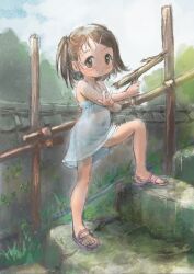 1girl brown_eyes brown_hair dress guma hair_ornament hairclip highres loli original outdoors bad_tag sandals see-through_clothes short_hair smile solo