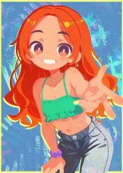 1girl aqua_shirt bare_shoulders bead_necklace beads blue_background blue_nails blue_pants border bright_pupils chain chain_necklace commentary_request crop_top drop_shadow earrings flat_chest grin highres jewelry long_hair looking_at_viewer midriff multicolored_nails multiple_necklaces navel necklace orange_eyes orange_hair original outstretched_arm pants parted_bangs purple_scrunchie scrunchie shirt smile solo takarai_shunsuke triangle_earrings white_pupils wrist_scrunchie yellow_border yellow_nails
