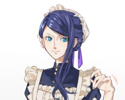 1girl apron blue_eyes blue_hair buttons commentary_request eyelashes gunjo_shizuko hat nico_robin one_piece single_sidelock smile solo swept_bangs twitter_username upper_body