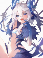 1girl absurdres ahoge blue_eyes blue_hands blue_horns colored_extremities cowboy_shot cross-shaped_pupils demon_girl demon_horns elsword highres horns luciela_r._sourcream navel open_mouth pointy_ears revealing_clothes short_hair_with_long_locks solo symbol-shaped_pupils tail tbsic teeth tongue tongue_out upper_teeth_only white_hair