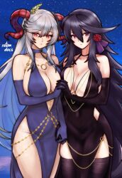 2girls absurdres age_of_ishtaria alternate_costume artist_name asymmetrical_docking bare_shoulders black_dress black_gloves black_hair black_thighhighs blue_dress blue_gloves breast_press breasts cleavage clothing_cutout commentary commission crossover curled_horns dress elbow_gloves english_commentary expressionless fire_emblem fire_emblem_heroes freyja_(fire_emblem) gloves goat_horns hair_between_eyes highres holding_hands horns large_breasts long_hair looking_at_viewer multiple_girls night night_sky nina_(age_of_ishtaria) nintendo pelvic_curtain red_eyes red_horns rotomdocs second-party_source sideboob sky star_(sky) thighhighs very_long_hair