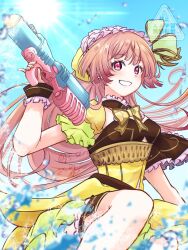 1girl atelier_(series) atelier_lydie_&amp;_suelle blue_sky blurry blurry_foreground bow commentary_request highres holding holding_water_gun long_hair pink_hair red_eyes sky smile snowstar solo suelle_malen sun very_long_hair water water_gun watermark yellow_bow