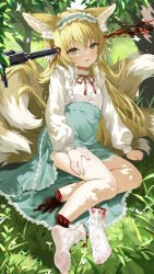 1girl animal_ears arknights assault_rifle bad_id bad_pixiv_id blonde_hair blood blurry blush bow bowtie clothes_lift crying crying_with_eyes_open depth_of_field devil_heavens empty_eyes feet forest fox_ears fox_girl fox_tail grass green_eyes gun guro h&amp;k_hk416 hair_between_eyes hairband headshot highres kitsune kyuubi legs lifting_own_clothes lolita_hairband long_hair long_sleeves looking_at_viewer multicolored_hair multiple_tails nature no_shoes official_alternate_costume outdoors parted_lips red_bow red_bowtie rifle severed_foot shirt sidelocks sitting skirt skirt_lift socks soles solo suzuran_(arknights) suzuran_(spring_praise)_(arknights) tail tears toes tree two-tone_hair weapon white_shirt white_socks