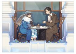 2girls ascot black_hair black_skirt blue_coat blue_eyes blue_neckerchief brown_coat brown_gloves brown_hair cake cake_slice chair closed_mouth coat dress feet_out_of_frame food fork from_side gloves greta_hofmann grey_hat grey_jacket hat highres holding holding_fork jacket long_dress long_hair long_skirt looking_at_viewer marcus_(reverse:1999) medium_hair mole mole_under_mouth multiple_girls nan_(mentegamadu) neckerchief nervous on_chair pillar plant plate profile reverse:1999 round_table sachertorte_(food) scarf shirt sitting skirt socks sweat table watch white_ascot white_dress white_scarf white_shirt white_socks wristwatch yellow_eyes
