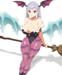1girl absurdres animal_print bare_shoulders bat_print bat_wings black_clover black_leotard breasts broom broom_riding clothing_cutout cosplay curvy cutout_above_navel darkstalkers frown fur-trimmed_leotard fur_trim grey_hair head_wings heart_cutout highleg highleg_leotard highres large_breasts leotard long_hair looking_at_viewer low_wings morrigan_aensland morrigan_aensland_(cosplay) noelle_silva off-shoulder_leotard orange_sleeves pantyhose plunging_neckline print_pantyhose purple_eyes purple_pantyhose purple_wings solo srlmao thick_thighs thighs twintails twitter_username wings