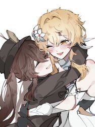 Rule 34 | 2girls, blonde hair, blush, brown shirt, chinese clothes, closed eyes, dress, flower, flower-shaped pupils, genshin impact, hair flower, hair ornament, hat, hat tassel, hu tao (genshin impact), hug, long hair, lumine (genshin impact), multiple girls, one eye closed, shirt, short hair, short hair with long locks, symbol-shaped pupils, twintails, white background, white dress, yunoji (onigiri yumi09), yuri