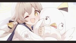 1girl absurdres blue_archive blue_sailor_collar cardigan commentary_request hair_ornament hifumi_(blue_archive) highres hugging_doll hugging_object light_brown_hair long_hair looking_at_viewer low_twintails one_eye_closed open_mouth patanda peroro_(blue_archive) sailor_collar simple_background sleeves_past_wrists smile solo stuffed_animal stuffed_bird stuffed_toy twintails upper_body white_background white_cardigan wing_hair_ornament yellow_eyes