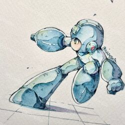 1boy arm_cannon blue_helmet full_body grey_background helmet highres mega_man_(character) mega_man_(classic) mega_man_(series) popopoyata robot_boy running simple_background solo twitter_username weapon