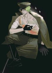 Rule 34 | 1boy, arm up, bandaged arm, bandaged chest, bandages, belt, belt buckle, black background, black belt, black boots, black gloves, blonde hair, blood, bloody bandages, boots, buckle, cigarette, coat, coat on shoulders, collarbone, commentary, eyepatch, fear &amp; hunger (series), fear &amp; hunger 2: termina, gloves, hashtag-only commentary, hat, highres, holding, holding cigarette, injury, looking ahead, male focus, military uniform, one eye covered, pants, parted lips, pav (fear &amp; hunger), peaked cap, simple background, sitting, solo, syag 2