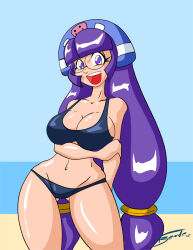 1girl beach breasts glasses gluko large_breasts mon_colle_knights purple_eyes purple_hair rokumon_tengai_mon_colle_knight simple_background tagme