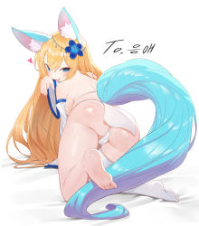 1girl absurdres all_fours animal_ear_fluff animal_ears ass asymmetrical_legwear back backboob bad_feet bare_shoulders barefoot bed bed_sheet blonde_hair blue_eyes blue_flower blue_tail breasts butt_crack cameltoe commission detached_sleeves feet fingernails flower fox_ears fox_girl fox_tail hair_flower hair_ornament heart highres korean_text large_breasts looking_at_viewer looking_back nail_polish original pinion pink_nails pixiv_commission soles solo spoken_heart tail toes tongue tongue_out white_legwear