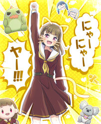 1girl :d akihitohappy animal_ears arm_up black_bow bow braid brown_dress brown_hair cat_ears cat_tail center-flap_bangs character_doll chibi chibi_inset commentary_request drawn_ears drawn_tail drawn_whiskers dress feet_out_of_frame gonzales_(love_live!) hair_bow hanamiya_nina_(style) hasu_no_sora_school_uniform highres kachimachi_kosuzu koala_maneo link!_like!_love_live! long_hair long_sleeves looking_at_viewer love_live! medium_dress murano_sayaka neckerchief nyan open_mouth outline pink_eyes pleated_dress polka_dot polka_dot_background raised_fist revision sailor_collar sailor_dress school_uniform side_ahoge side_braids smile solo speech_bubble standing straight_hair stuffed_dinosaur stuffed_koala tail translation_request v-shaped_eyebrows v-shaped_eyes virtual_youtuber white_outline white_sailor_collar winter_uniform yellow_background yellow_neckerchief yugiri_tsuzuri