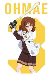 Rule 34 | 1girl, arms up, baseball, baseball bat, baseball uniform, batting stance, brown eyes, brown hair, brown serafuku, character name, cowboy shot, from side, german shiroishi, hanshin tigers, hibike! euphonium, holding, holding baseball bat, kitauji high school uniform, long sleeves, looking to the side, medium hair, neckerchief, nippon professional baseball, open clothes, open mouth, open shirt, oumae kumiko, playing sports, school uniform, serafuku, shirt, short sleeves, simple background, skirt, socks, solo, sportswear, teeth, two-handed, upper teeth only, v-shaped eyebrows, white background, white shirt, white socks, winter uniform
