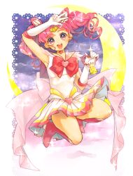 Rule 34 | 1girl, 58 (scbaby), bishoujo senshi sailor moon, boots, border, bow, chibi usa, crescent moon, eyelashes, floating, full body, gloves, leotard, looking at viewer, magical girl, moon, open mouth, pink boots, pleated skirt, red bow, sailor senshi uniform, skirt, solo, sparkle, twintails, white border, white gloves, white leotard