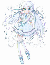 1girl absurdres aobahosino blue_bow blue_eyes blue_necktie blue_ribbon blue_shoes blue_skirt blush bottle bow closed_mouth collared_shirt drinking_straw footwear_bow frilled_wrist_cuffs frills full_body hair_ornament hair_ribbon high_heels highres holding holding_bottle jacket kneehighs long_hair low_twintails milk_bottle necktie original ribbon sash shirt shoes short_sleeves shoulder_sash skirt smile socks solo standing star-shaped_pupils star_(symbol) symbol-shaped_pupils twintails very_long_hair white_background white_hair white_jacket white_shirt white_socks wrist_cuffs