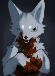 1boy animal_hands black_background blood blood_on_chest blood_on_face blood_on_hands blue_eyes body_fur claws commentary_request furry furry_male grey_fur highres licking_lips looking_at_viewer male_focus one_eye_closed open_mouth original solo suesubro tongue tongue_out upper_body wolf_boy