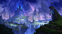 castle chinnkun cliff dragon fantasy floating_rock fog landscape moss mountain original painterly rock water waterfall watermark