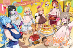 6+girls alcohol animal_ears b.sa_(bbbs) balloon beer black_hair blonde_hair blue_eyes blue_hair blue_skin blush breasts brown_hair cake cleavage colored_skin cup dress food green_eyes highres holding huge_breasts large_breasts long_hair looking_at_viewer multicolored_hair multiple_girls original ponytail purple_skin rabbit_ears short_hair smile yellow_dress