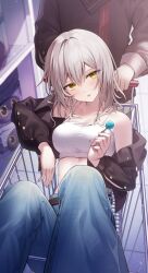 1girl absurdres bare_shoulders black_jacket blue_pants blush breasts camisole candy character_request collarbone commentary crop_top daji denim food grey_hair hair_between_eyes highres holding holding_candy holding_food holding_lollipop honkai:_star_rail honkai_(series) in_shopping_cart jacket jeans lollipop long_hair medium_breasts off_shoulder open_clothes open_jacket pants parted_lips shopping_cart spaghetti_strap stelle_(honkai:_star_rail) teeth trailblazer_(honkai:_star_rail) trailblazer_(trash_cake)_(honkai:_star_rail) upper_teeth_only yellow_eyes