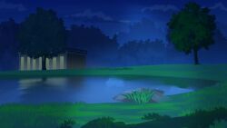 building cloud cloudy_sky dark grass highres lake night no_humans non-web_source official_art our_life:_beginnings_and_always outdoors reflection reflective_water scenery sky tree