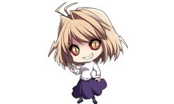 Rule 34 | 1girl, ahoge, arcueid brunestud, blonde hair, breasts, chibi, colored sclera, dark persona, evil grin, evil smile, fingernails, floating clothes, floating hair, grin, kosumo, large breasts, looking at viewer, melty blood, mystic eyes, mystic eyes of enchantment, red arcueid, red eyes, red sclera, sharp fingernails, short hair, skirt, smile, tsukihime, yellow eyes