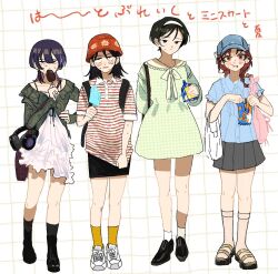 Rule 34 | 4girls, :t, :|, alternate costume, alternate hairstyle, bag, baseball cap, black boots, black eyes, black hair, black skirt, blue hair, blue hat, blue shirt, blush, boots, brown eyes, brown hair, casual, closed mouth, collared dress, collared shirt, commentary request, crumbs, dress, dress shirt, eating, embarrassed, flapper shirt, food, food on face, frilled dress, frills, fujii ayame, full body, futsuu no keion-bu, green dress, grey skirt, group name, hairband, hat, hatono chihiro, headphones, headphones removed, heartbreak (futsuu no keion-bu), highres, holding, holding food, holding ice cream, ice cream, kouyama rin, lineup, long hair, long sleeves, miniskirt, multiple girls, neck ribbon, nervous, pleated skirt, purple hair, qrioic74, red hat, ribbon, sandals, sanpaku, shirt, shoes, short sleeves, shoulder bag, side-by-side, skirt, snack, sneakers, socks, standing, striped clothes, striped shirt, summer, sweat, uchida momo, white dress, white hairband, white shoes, white socks, wolf cut