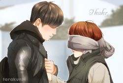 1boy 1girl black_hair blindfold chae_young_shin couple healer hetero holding_hands jacket quilted_jacket seo_jung_hoo torakun14