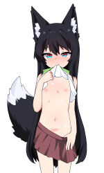 1girl absurdres animal_ears black_hair blush clothes_lift clothes_pull flat_chest fox_ears fox_girl fox_tail hand_on_own_chest highres lifting_own_clothes loli long_hair looking_at_viewer miniskirt mouth_hold navel nipples original pruzhka_(wardi113) shirt shirt_lift simple_background skirt skirt_pull solo standing stomach tail very_long_hair white_background white_shirt