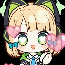 1girl :d animal_ear_headphones animal_ears animated animated_gif aqua_necktie blinking blonde_hair blue_archive blunt_bangs blunt_ends blush_stickers bow bright_pupils cat_ear_headphones cat_ears chibi chibi_only chunye_haruya collared_shirt commission disembodied_hand dot_nose fake_animal_ears green_bow green_eyes green_halo green_jacket hair_bow halo headphones heart heart-shaped_pupils hood hooded_jacket jacket looking_at_viewer low-tied_sidelocks lowres medium_hair midori_(blue_archive) missing_commentary necktie open_clothes open_jacket open_mouth own_hands_together palms_together parted_bangs school_uniform second-party_source shirt sidelocks simple_background smile solo symbol-shaped_pupils transparent_background upper_body white_pupils white_shirt