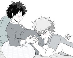 Rule 34 | 2boys, bakugou katsuki, boku no hero academia, bones (company), curly hair, freckles, from side, greyscale, indoors, lying, male pregnancy, midoriya izuku, monochrome, multiple boys, omegaverse, on back, pregnant, scar, scar on arm, scar on hand, shounen jump, spiked hair, yaoi