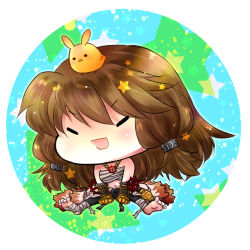 1girl animal animal_on_head barefoot belt bird bird_on_head black_belt black_gloves black_pants blush chest_sarashi chibi chibi_only chick closed_eyes commentary_request cross cross_necklace cross_of_prontera foot_wraps full_body gauntlets gloves jewelry long_hair necklace on_head open_mouth pants ragnarok_online sarashi sasamuke_pika sitting smile solo star_(symbol) sura_(ragnarok_online)