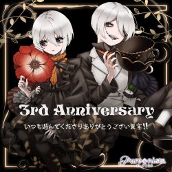 Rule 34 | 1boy, 1girl, anniversary, black dress, black pants, black shirt, black shoes, collared shirt, commentary request, cup, dress, flower, grey eyes, hair between eyes, highres, logo, long sleeves, necktie, official art, orange necktie, pants, puffy long sleeves, puffy sleeves, purenista, red flower, shirt, shoes, sleeves past wrists, socks, teacup, translation request, vest, white hair, white socks, white vest