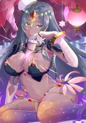 1girl arm_wrap armor between_breasts bikini_armor black_hair breasts cleavage dark-skinned_female dark_skin fate/grand_order fate_(series) forehead_jewel green_eyes hakuran_(pixiv_29139267) large_breasts long_hair looking_at_viewer navel parted_bangs pauldrons scheherazade_(fate) scroll shoulder_armor solo thighs