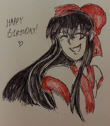 1girl ainu_clothes black_hair breasts closed_eyes english_text hair_ribbon happy highres long_hair nakoruru ribbon samurai_spirits small_breasts smile snk solo teeth the_king_of_fighters traditional_media