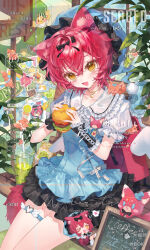 1girl :d animal_ear_fluff animal_ears black_bow black_ribbon blue_dress boky_baogan bow cat cat_ears choker collarbone dress english_text fang flower food frills fruit hair_between_eyes hair_bow hat heart highres holding holding_food looking_at_viewer open_mouth original plant potted_plant puffy_short_sleeves puffy_sleeves red_hair ribbon shirt short_hair short_sleeves sitting skirt smile solo tail thigh_strap white_shirt wrist_cuffs yellow_eyes
