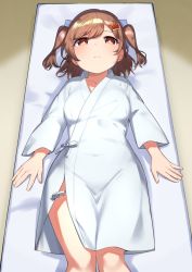 1girl aijou_karen arms_at_sides bathrobe breasts bright_pupils brown_background brown_eyes brown_hair closed_mouth collarbone commission covered_navel crown_hair_ornament feet_out_of_frame goe_(g-o-e) gradient_background hair_ornament highres light_blush long_sleeves looking_at_viewer lying medium_breasts on_back on_bed pillow short_hair shoujo_kageki_revue_starlight skeb_commission solo sweatdrop swept_bangs two_side_up white_pupils wide_sleeves