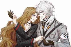 Rule 34 | 1boy, 1girl, absurdres, black choker, black jacket, blue eyes, breasts, brown gloves, brown hair, choker, cleavage, collared shirt, gloves, goggles, goggles around neck, grey jacket, highres, jacket, kelala r, limbus company, long hair, long sleeves, looking at another, mole, mole under eye, parted bangs, project moon, purple eyes, rodion (project moon), scarf, shirt, short hair, simple background, sonya (project moon), upper body, white background, white hair, white scarf, white shirt