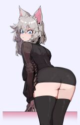 1girl animal_ear_fluff animal_ears ass black_dress black_thighhighs blue_eyes breasts butt_crack closed_mouth commentary_request covered_erect_nipples dress eyelashes from_behind grey_hair happening18 highres korean_commentary large_breasts leaning_forward long_sleeves looking_at_viewer looking_back original panties_visible_through_clothes simple_background solo thighhighs