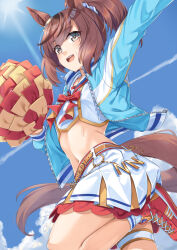 1girl animal_ears arm_up blue_jacket blue_sky brown_hair cheerleader cloud commentary_request day grey_eyes holding holding_pom_poms horse_ears horse_girl horse_tail jacket midriff miri_(ago550421) navel nice_nature_(run&amp;win)_(umamusume) nice_nature_(umamusume) official_alternate_costume open_clothes open_jacket outdoors partial_commentary pom_pom_(cheerleading) pom_poms ponytail red_shoes shoes skirt sky solo sweat tail umamusume white_skirt